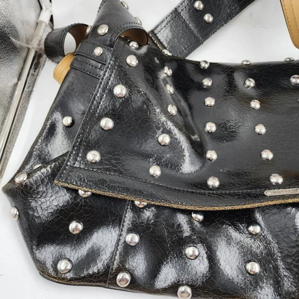 Alexander McQueen Crackled Leather Messenger Bag Men's L Black/Caramel/Silver